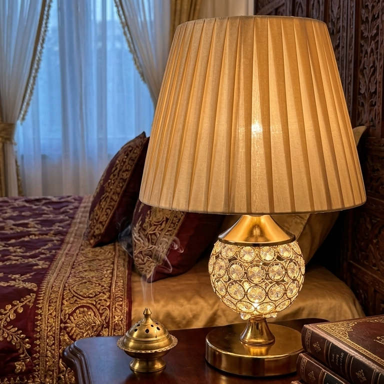 Luxury Gold Crystal Table Lamp with Pleated Fabric Shade