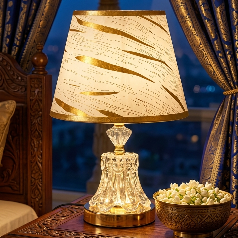 Modern Glass Table Lamp with Designer Fabric Shade