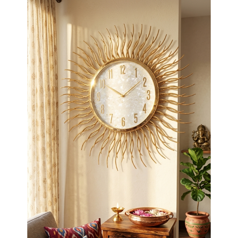 Gold Sunburst Wall Clock for Living Room