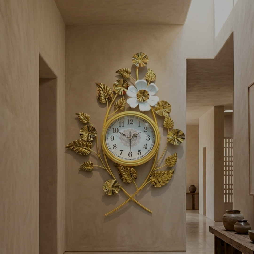 85x55cm Vertical Gold Leaf and White Lotus Wall Clock