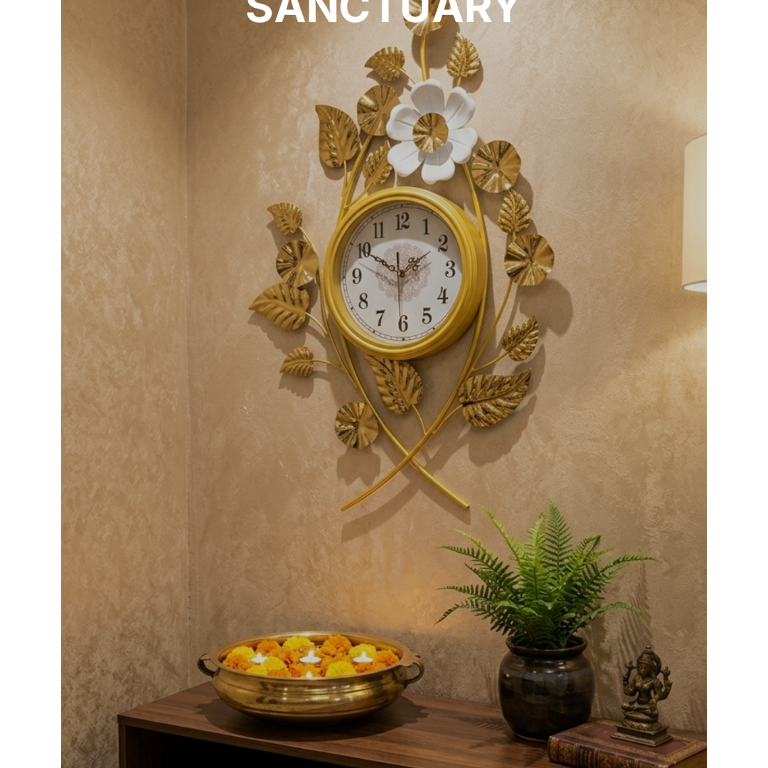 85x55cm Vertical Gold Leaf and White Lotus Wall Clock