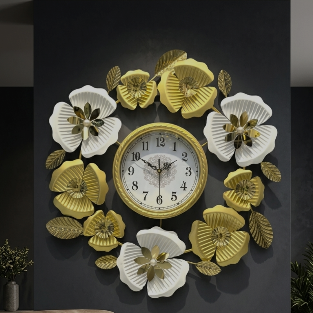 68cm Ornate White and Gold Floral Wreath Wall Clock