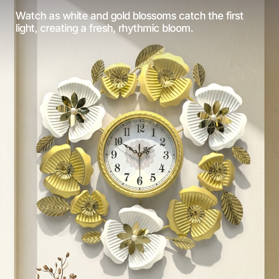 68cm Ornate White and Gold Floral Wreath Wall Clock