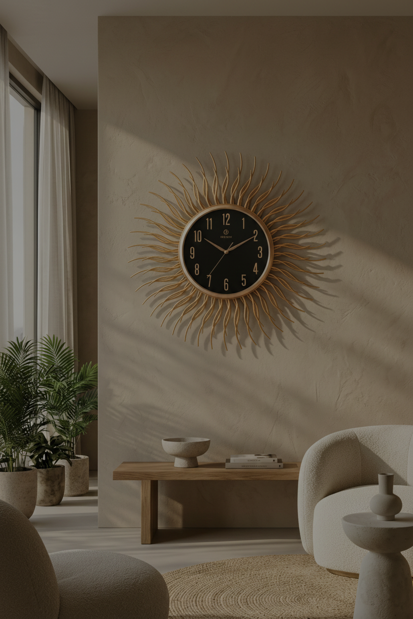 Gold Sunburst Wall Clock With Black Dial for Living Room