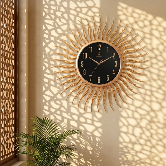 Gold Sunburst Wall Clock With Black Dial for Living Room