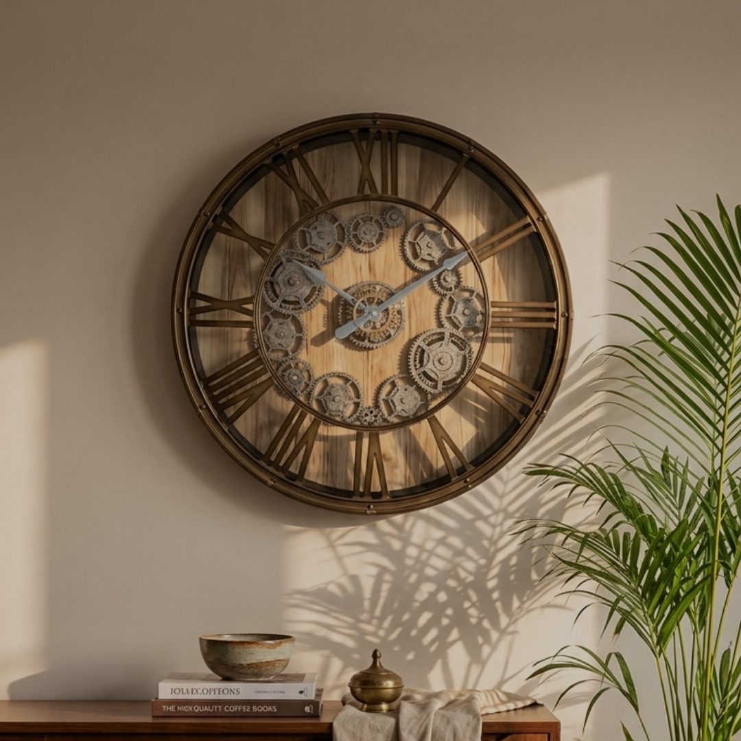 A large round wall clock with exposed mechanical gears and Roman numerals hangs above a wooden console in a styled interior. A potted palm and shadow patterns are visible, with overlaid marketing text reading 'ARTISTRY FOR MODERN INDIAN LIVING' and a smaller subtitle about 3D mechanical elegance.