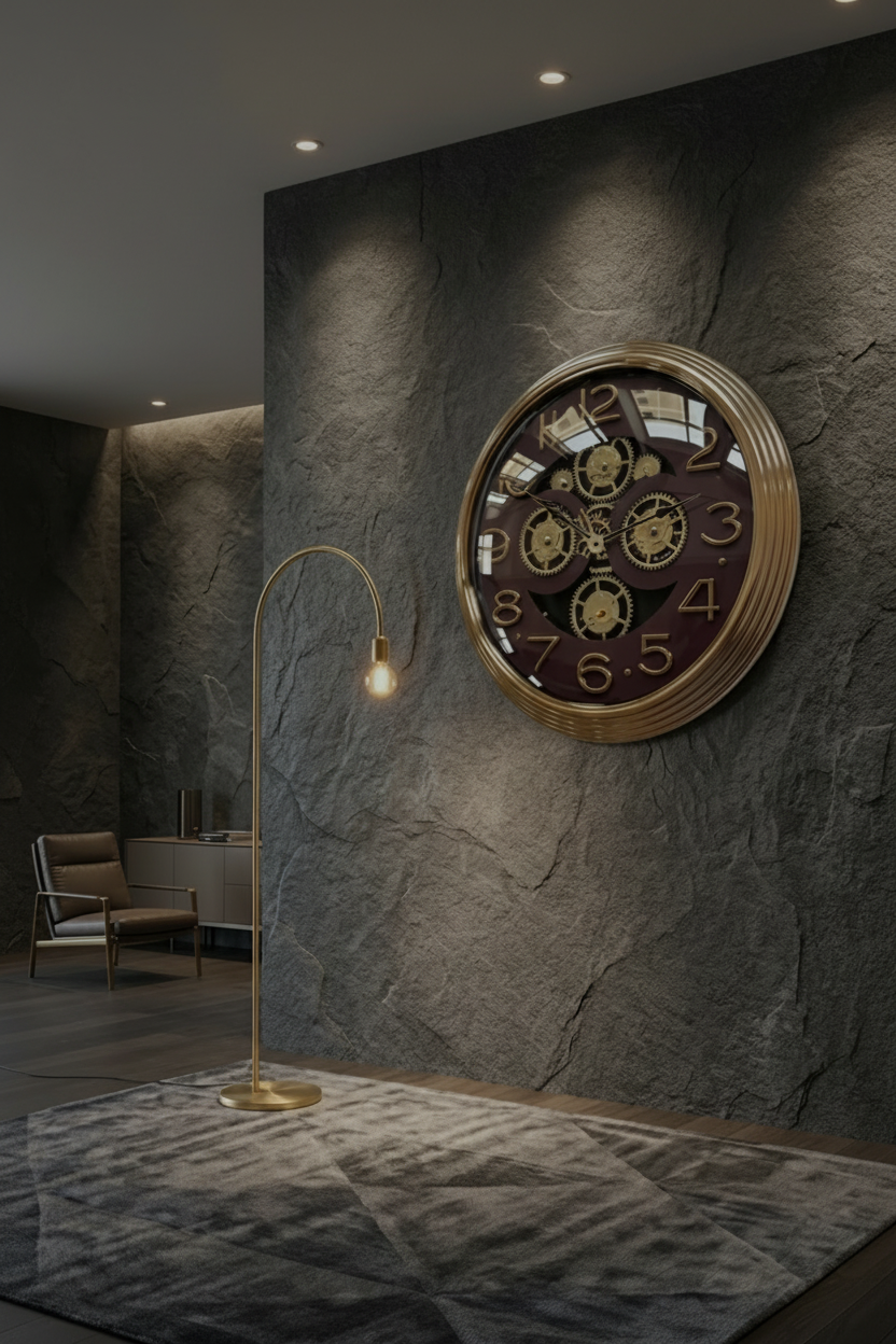 A large round wall clock with exposed metallic gears and a gold-toned frame, mounted on a dark stone wall in a modern interior. Large overlaid text reads 'THE BEAUTY OF EXPOSED MOTION' and 'Hand-finished gears turn the passing of time into a captivating display of luxury.
