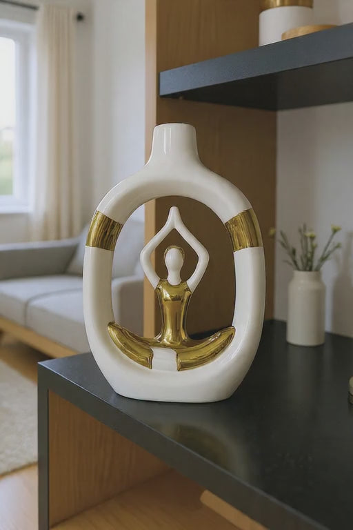 Zen Yoga Pose Abstract Vase in Matte White and Gold